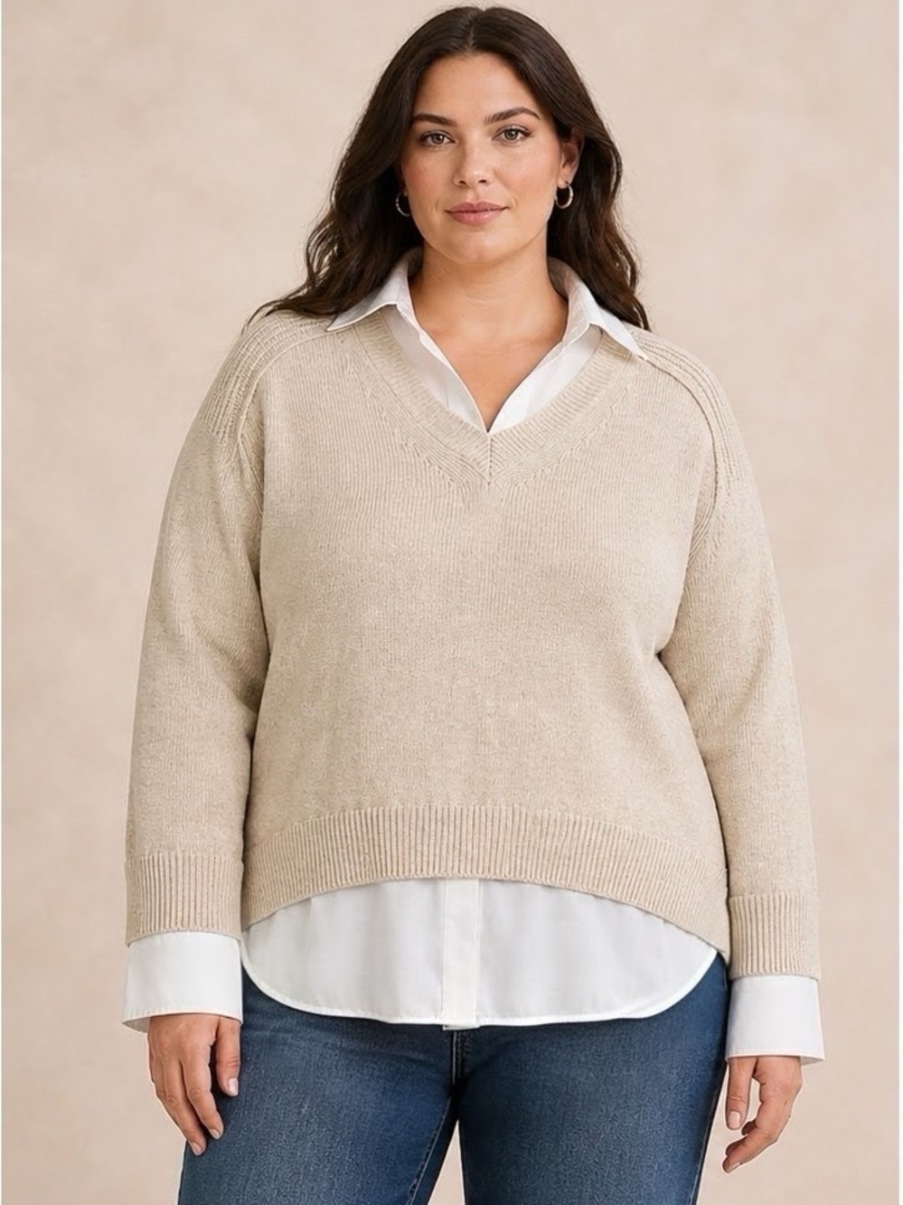 Brochu Walker The Looker Layered V-Neck Wool Cashmere Dune Sand Sweater size S
